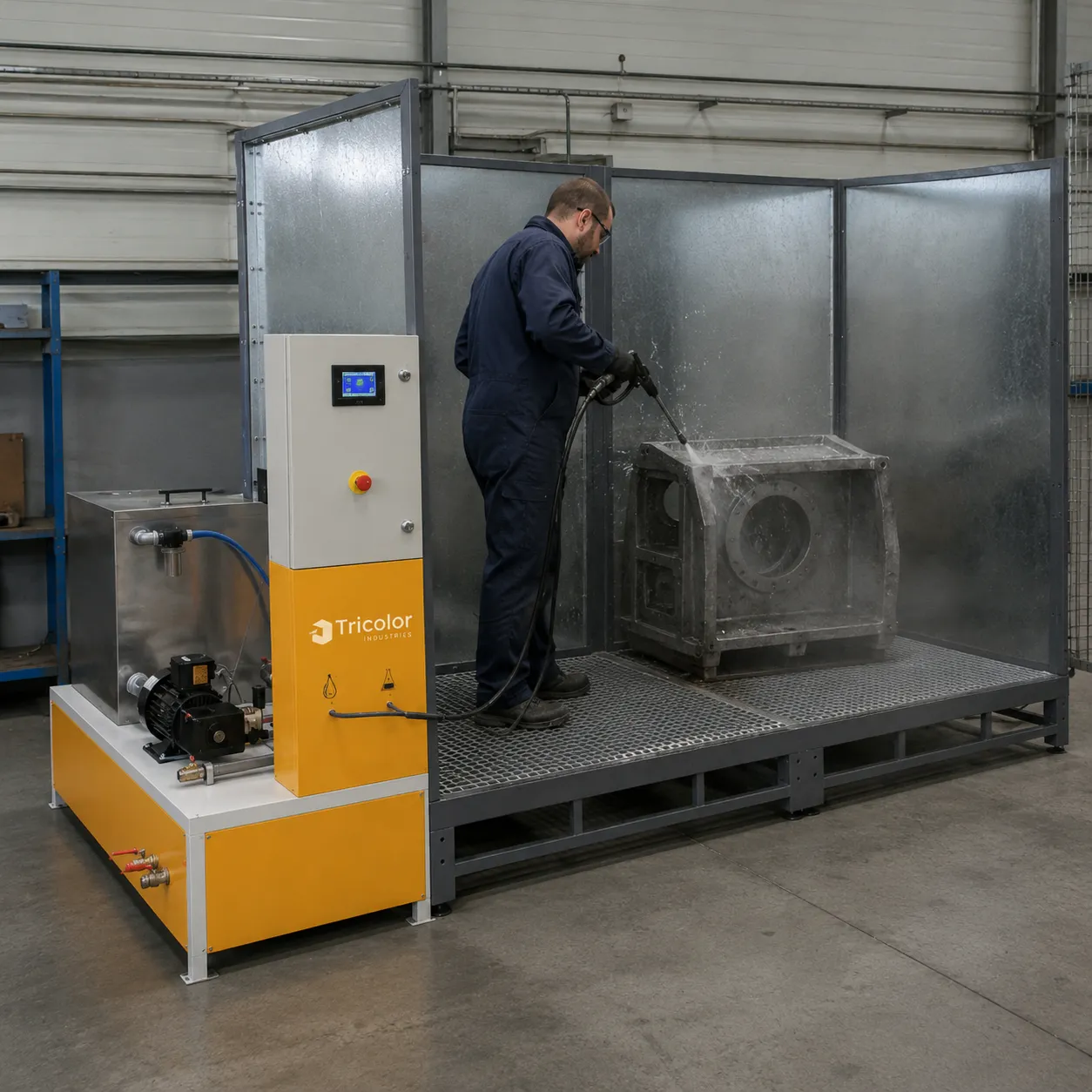Station de lavage - opérateur lavant une pièce en circuit fermé